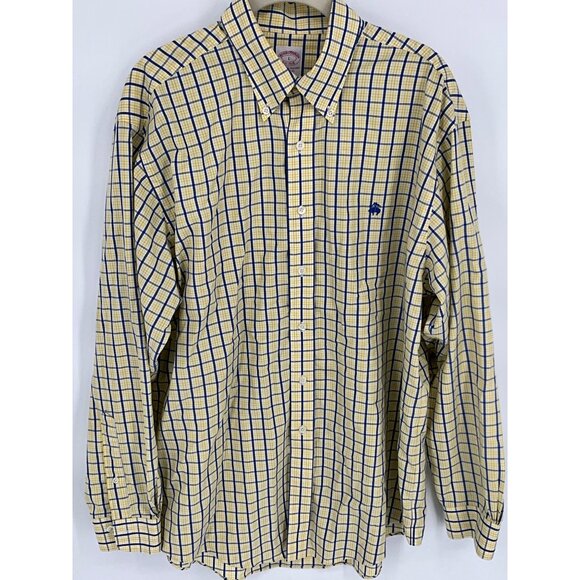 Brooks Brothers Men's Yellow & Blue Checkered Button-Down Shirt Large All Cotton - Picture 2 of 8